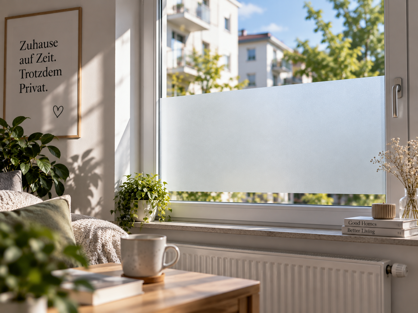 Milchglasfolie in der Mietwohnung – Sichtschutz am Fenster mit Wohnzimmer-Ambiente